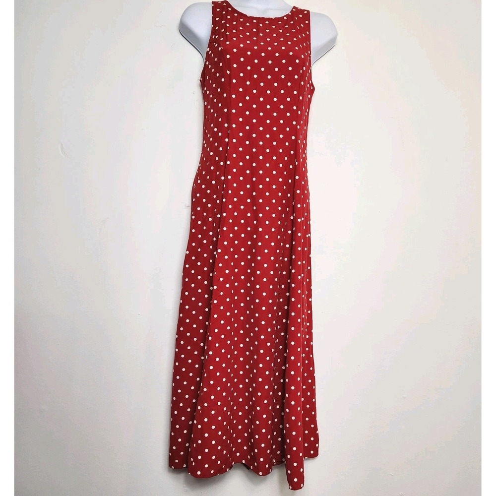 Vintage 90s Red Polka Dot Midi Dress Lace Up Back Pinup Rockabilly Y2K S
